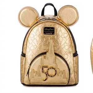 Disney 50th Anniversary Luxe Gold Quilted Loungefly Mini Backpack NWT + Extras